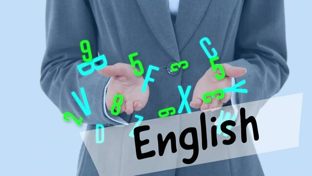 Animation of english text over letters and caucasian female teacher - Powered by Adobe