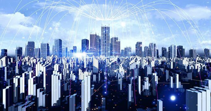 Metropolitan Smart City Connected With High Speed Wireless Network. Technology Related 3D Animation.