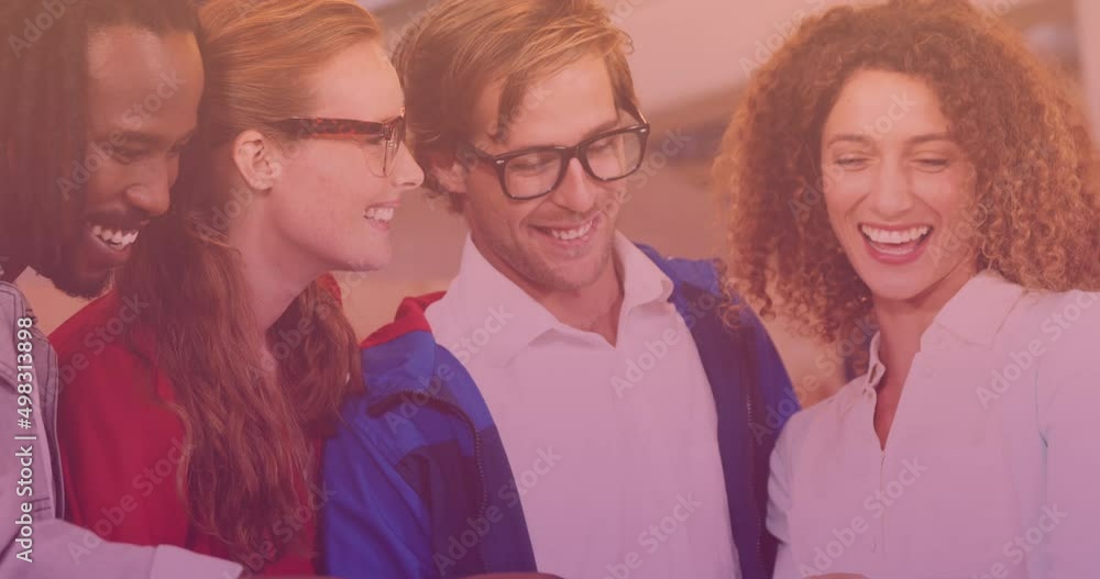 Poster animation of diverse group of friends smiling and using tablet