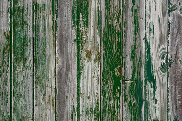 Old wooden wall with worn out green peeling paint
