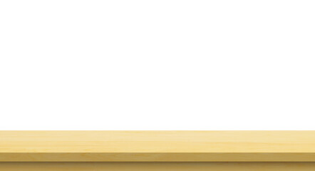 Empty wooden table top isolated on white background for product display montage