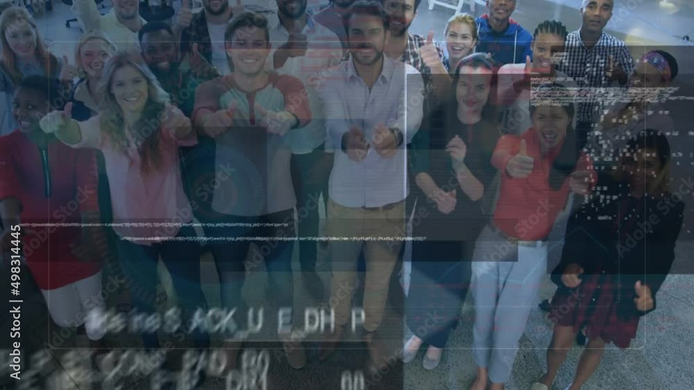 Aufkleber animation of data processing and arrwos over diverse people