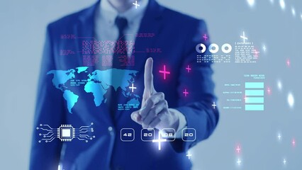 VR virtual reality metaverse office work meeting conference, business man global finance data analytics mix reality 3D presentation - Powered by Adobe