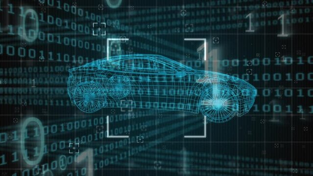 Animation of binary coding and car digital model over black background