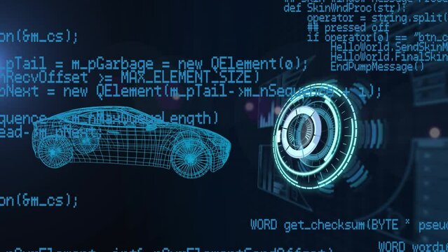 Animation of scope scanning and car digital model over black background
