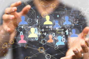 holding 3D rendering group of blue people