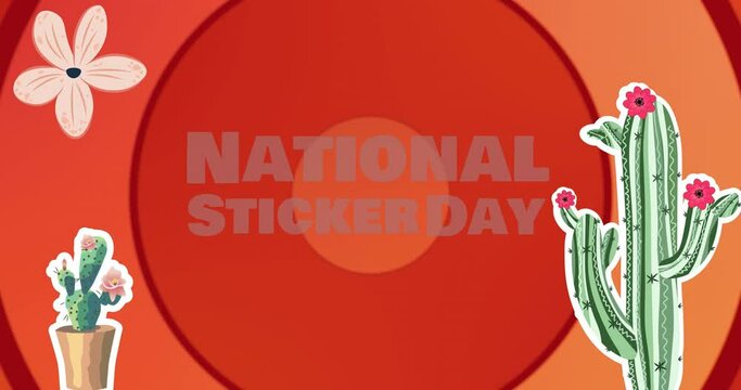 Animation of national sticker day over red circles and flowers
