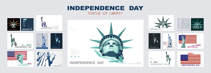 Independence day portrait Statue of Liberty, poster presentation. Set of green flat design templates. USA flag Holiday. The national symbol of America New York, banner.Name of advertising text, vector © VASYL