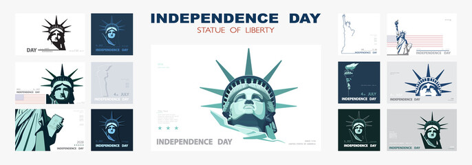 Independence day portrait Statue of Liberty, poster presentation. Set of green flat design templates. USA flag Holiday. The national symbol of America New York, banner.Name of advertising text, vector