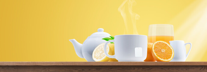 Healthy natural breakfast with tea and orange juice