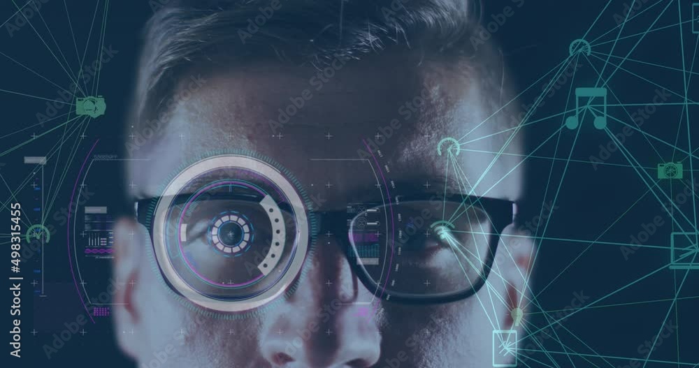 Poster animation of network of connections and scope scanning over caucasian man