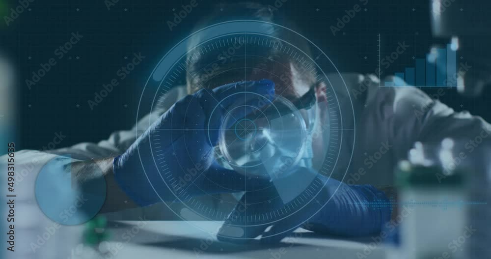 Poster animation of data processing and scope scanning over caucasian doctor