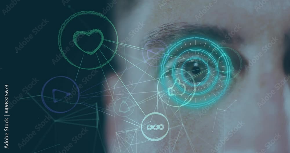 Poster animation of network of connections and scope scanning over caucasian man
