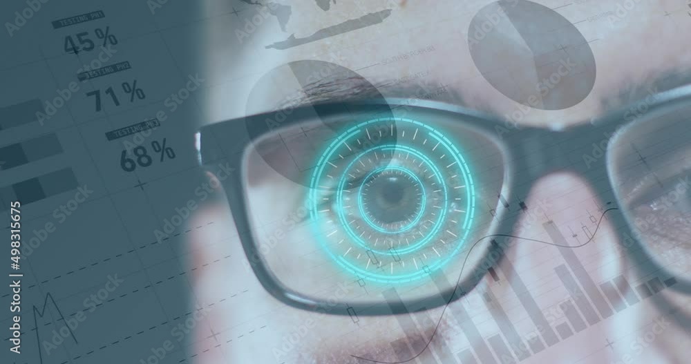 Poster animation of financial data processing and scope scanning over caucasian man