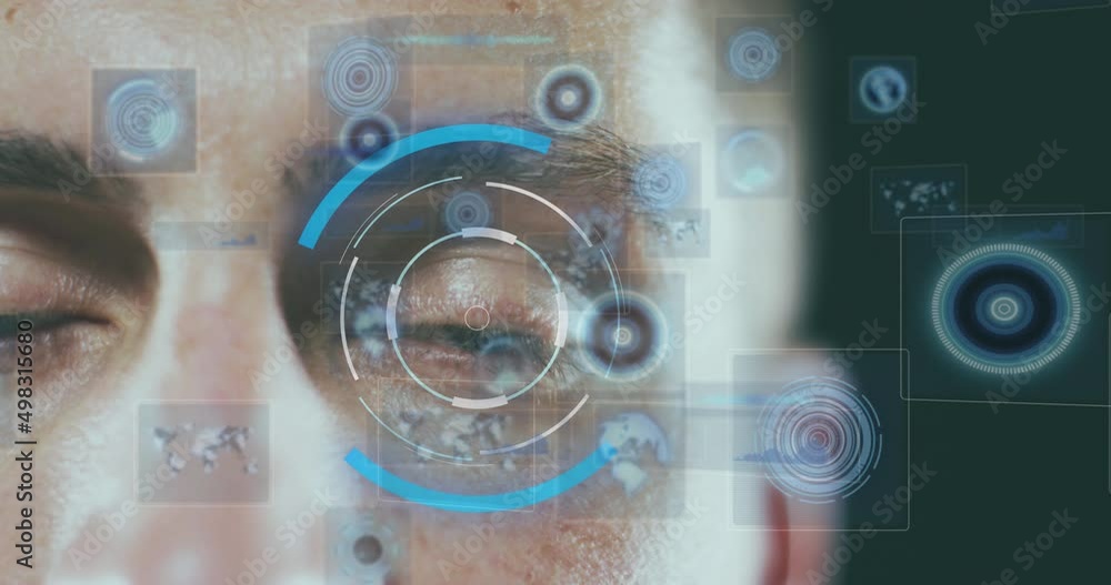 Poster animation of digital icons and scope scanning over caucasian man