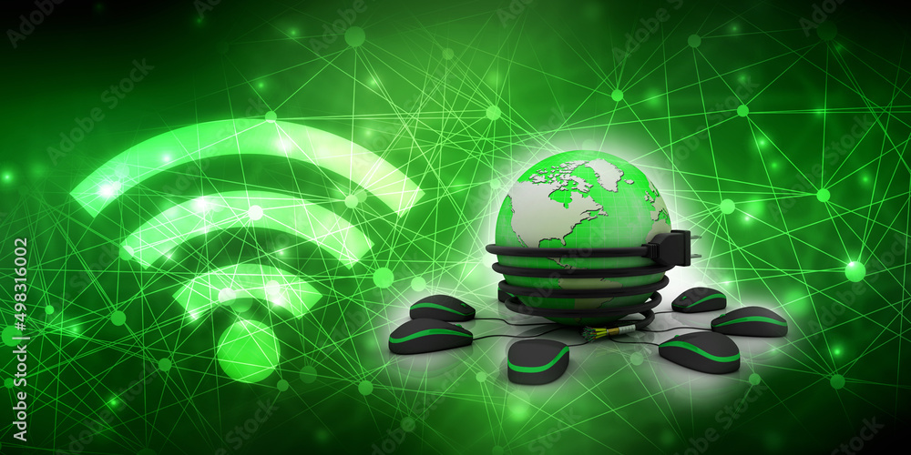 Poster 3d rendering charger cable connected globe with mouse network