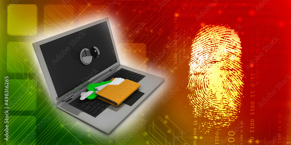 Poster 3d rendering folder on laptop with key protection
