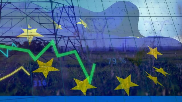 Animation of grass and eu flag over data processing