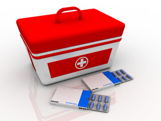 3d rendering First aid kit with pill