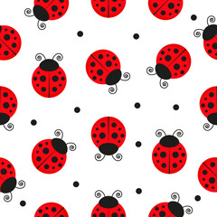 Ladybug seamless pattern. Ladybirds insects flying. Vector isolated on white background.