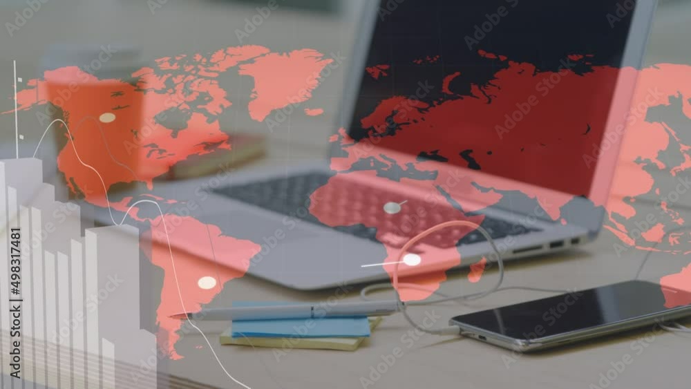 Poster animation of data processing over laptop and world map