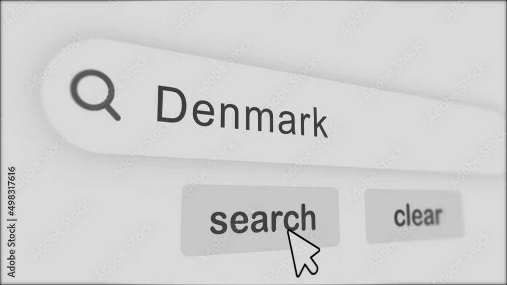Poster denmark typing on search bar with click animation.vintage monitor screen. searching the word on inte