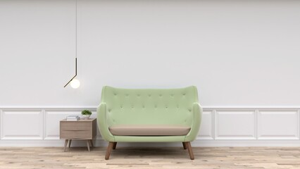 Set of interior furniture on decorated wall on wooden floor. 3d illustration. - 498317855