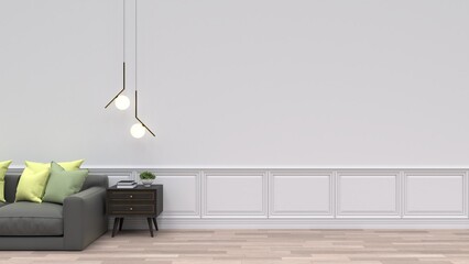 Set of interior furniture on decorated wall on wooden floor. 3d illustration.