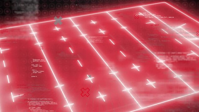 Animation of red neon rugby field and data processing