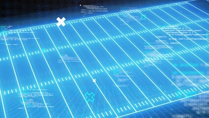 Animation of data processing over neon blue sports field - Powered by Adobe