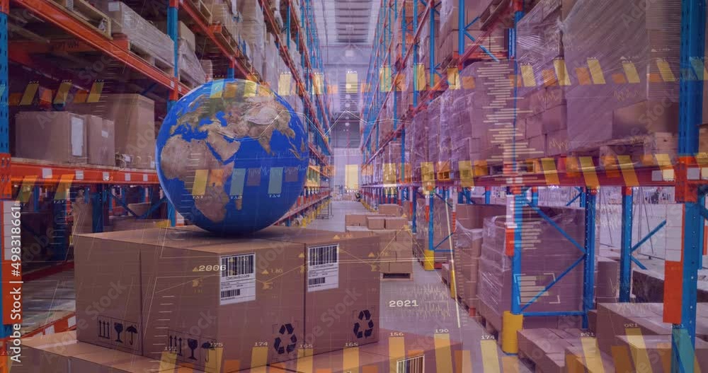 Poster animation of statistics processing over globe and cardboard boxes in warehouse