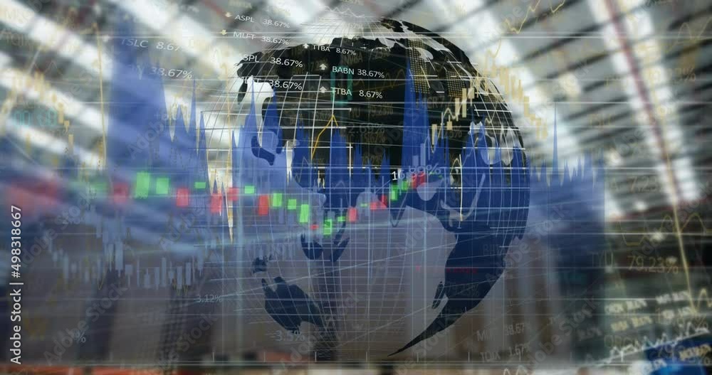 Poster Animation of statistics processing with globe over warehouse in background