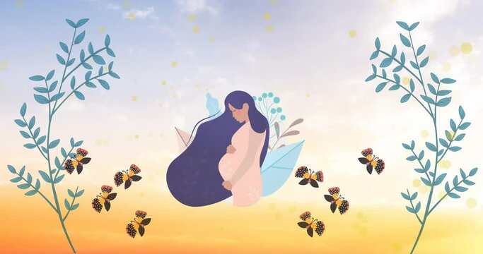 Animation of illustration of butterflies flying over pregnant woman