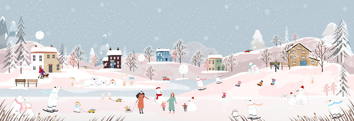 Winter landscape with happy people,polar bear and rabbit playing ice skate in the park,Vector banner Winter wonderland bunny and bear celebrating in forest,Merry Christmas and New year 2023 background