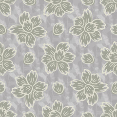 Cottage garden flowers seamless vector pattern background. Monochrome beige painterly canvas farmhouse style. Hand drawn country flowers on textured backdrop.Hot summer cottagecore aesthetic repeat