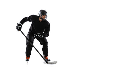 Stickhandling. Portrait of professional male hockey player training isolated over white background. Flyer