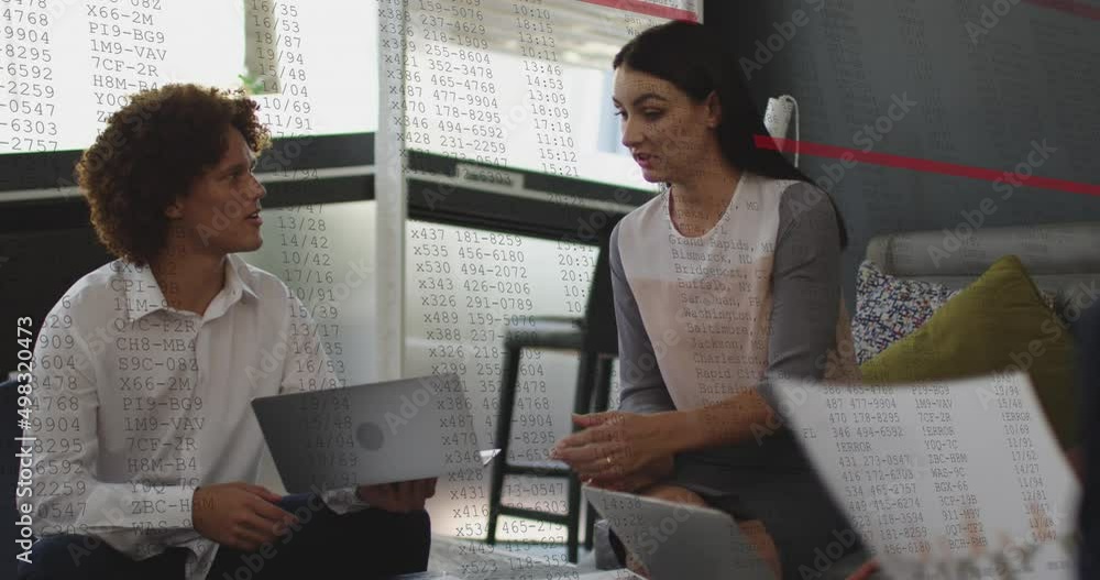 Poster animation of data processing over diverse business people using laptop