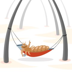 Vector illustration, cartoon character of head lice or Pediculus humanus capitis, enjoying on a hammock among head hairs.