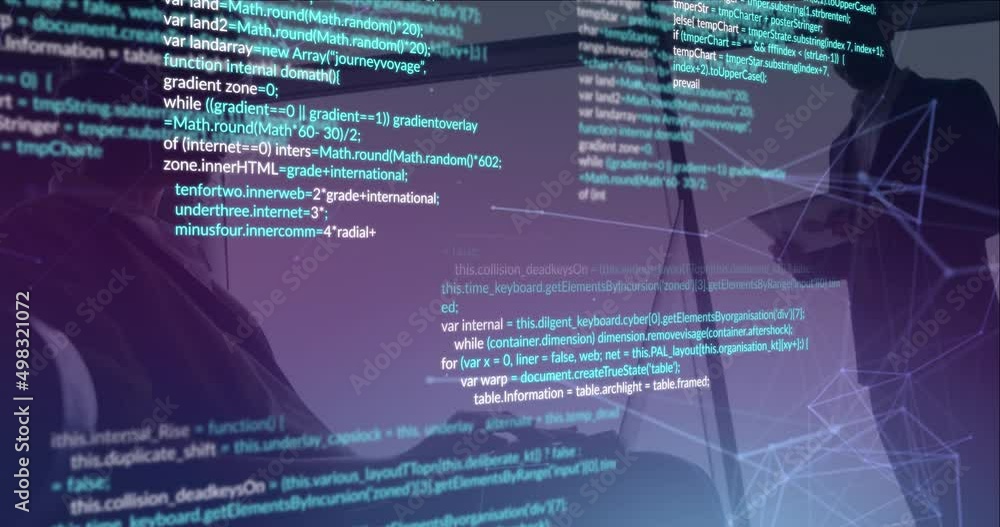 Poster animation of data processing over diverse business people using laptops