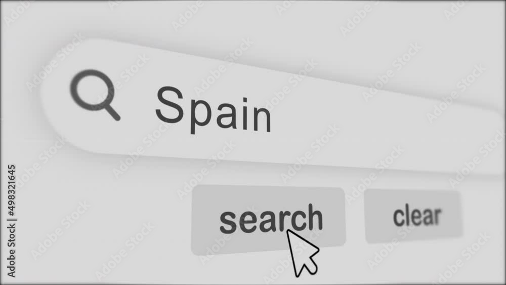 Poster spain typing on search bar with click animation.vintage monitor screen. searching the word on intern