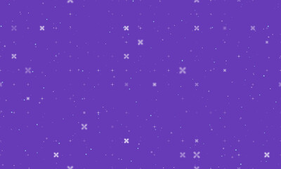 Seamless background pattern of evenly spaced white abstract star symbols of different sizes and opacity. Vector illustration on deep purple background with stars