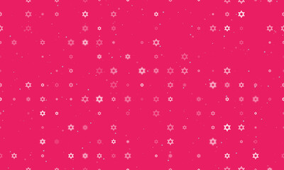 Seamless background pattern of evenly spaced white star of David symbols of different sizes and opacity. Vector illustration on pink background with stars