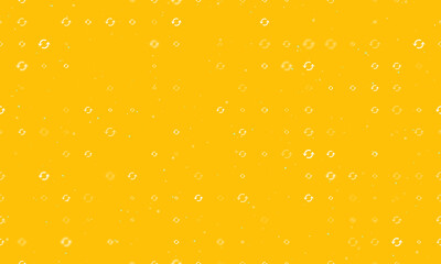 Seamless background pattern of evenly spaced white refresh symbols of different sizes and opacity. Vector illustration on amber background with stars