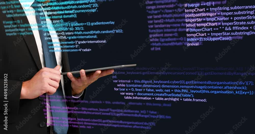 Aufkleber animation of data processing and caucasian businessman with tablet on black background