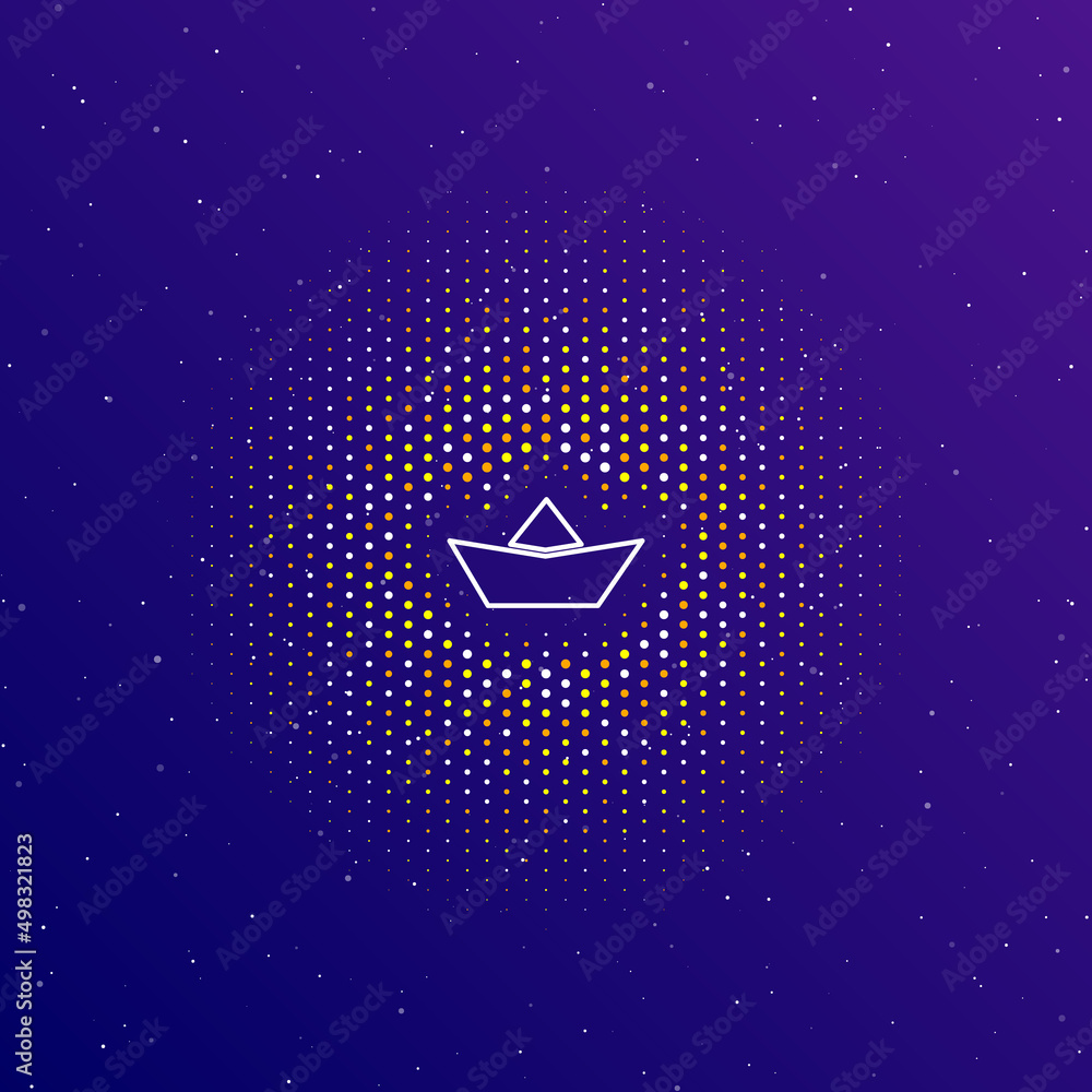Poster a large white contour paper boat symbol in the center, surrounded by small dots. dots of different c