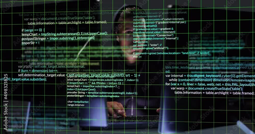 Poster animation of data processing over caucasian male hacker