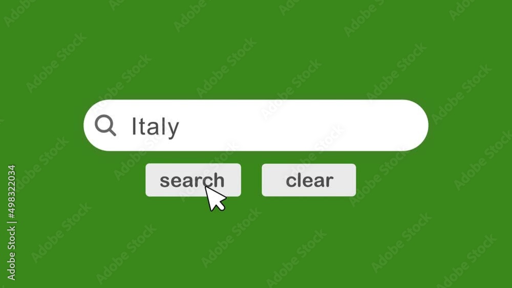 Poster italy typing on search bar with click animation on green background.searching the word on internet s