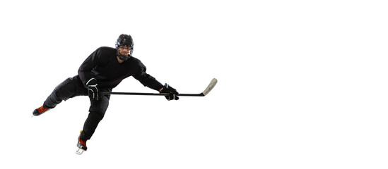 Portrait of professional male hockey player training isolated over white studio background. Flyer
