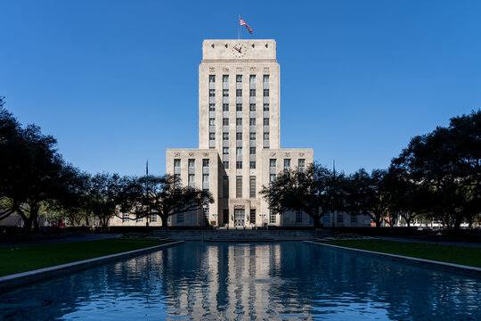 Houston City Hall with a reflecting pool is seen in Houston, Texas, USA. 