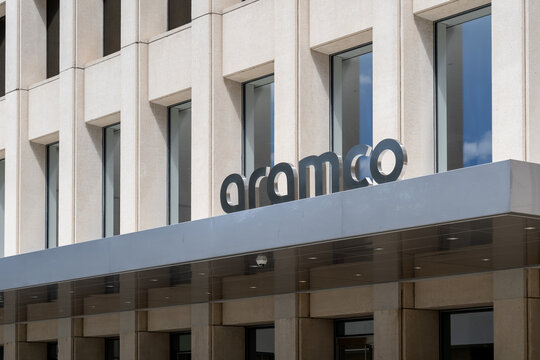 Houston, Texas, USA - March 13, 2022: Aramco sign on the building at its office in Houston, Texas, USA. Saudi Aramco is the world's largest oil producer.